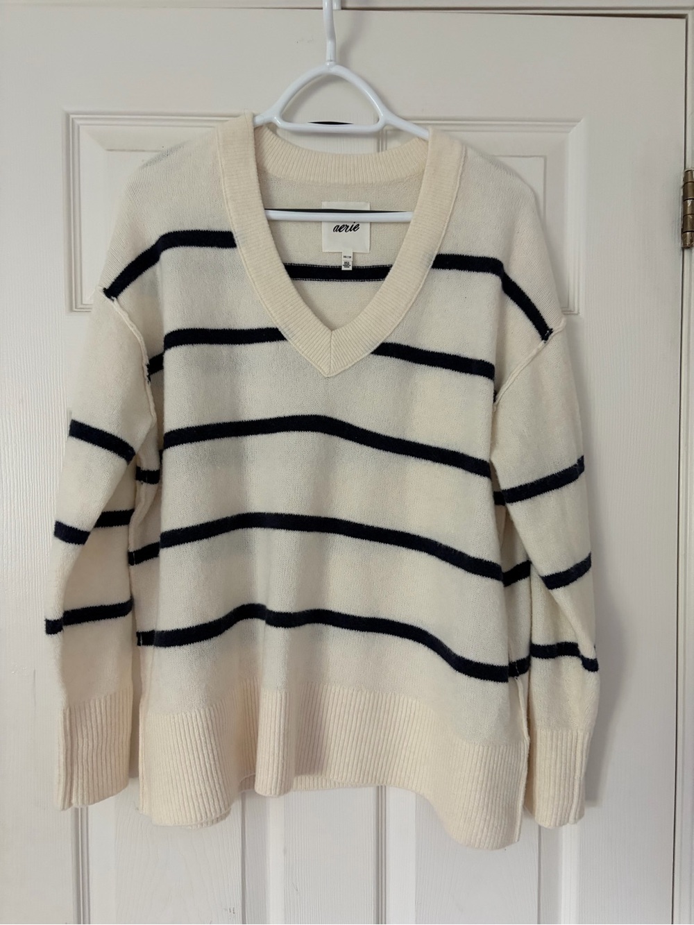 aerie Cream and Navy Striped V-Neck oversized Sweater